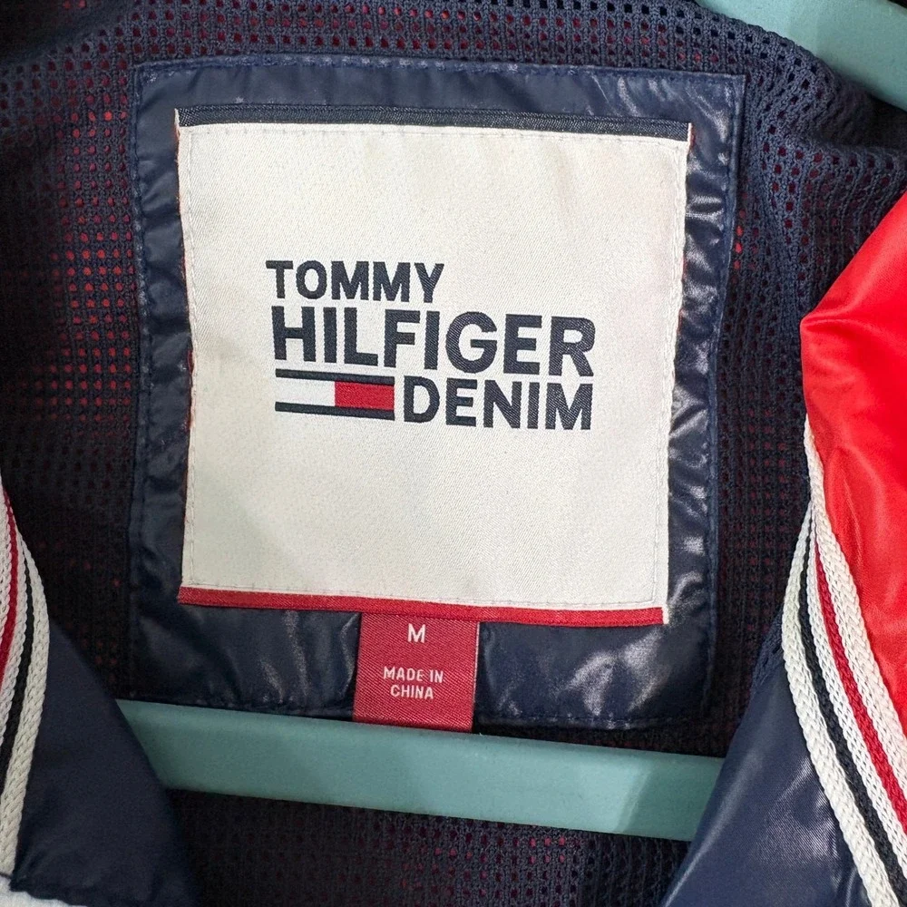 Tommy Hilfiger Denim Windbreaker Jacket Mens M Blue White Red Colorblock Y2K